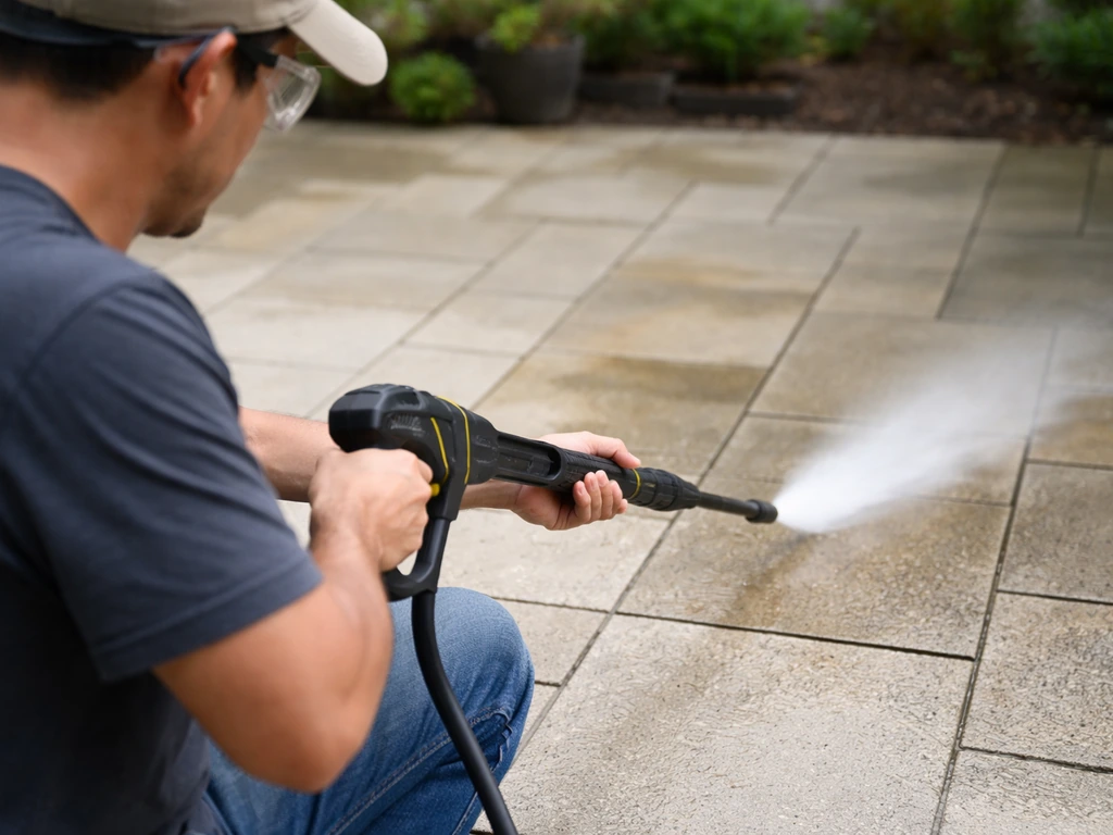 Anonymous patio cleaner wearing safety glasses using a jet washer lance at safe distance and angle.