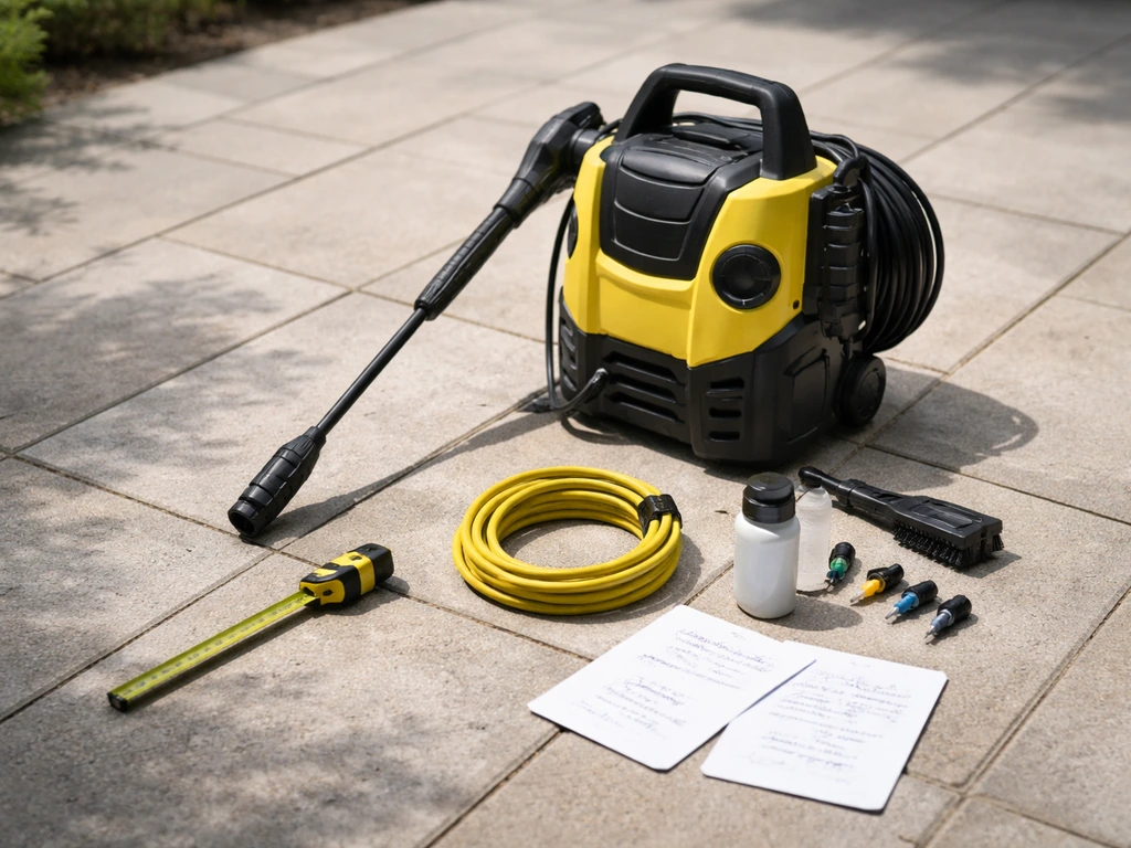 Jet washer with accessory kit and measuring tape on a patio with blank notes for selection.