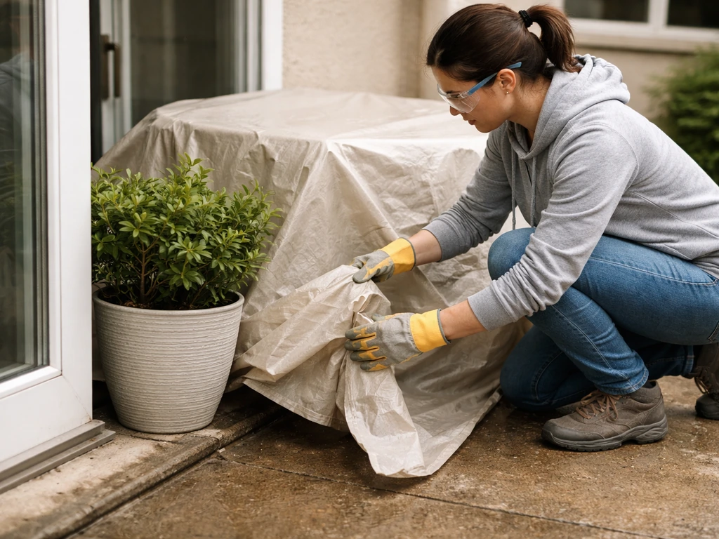 Gloved homeowner in safety goggles covering patio items with a tarp before pressure washing