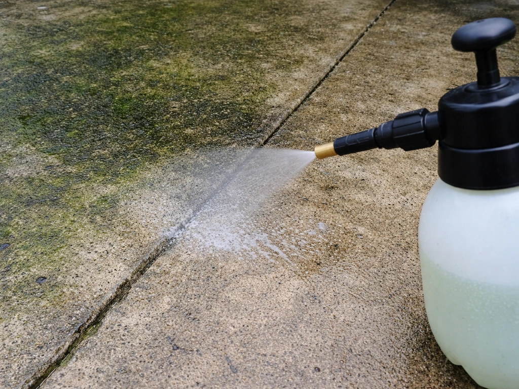 Garden pump sprayer misting alkaline cleaner onto moldy green concrete patio