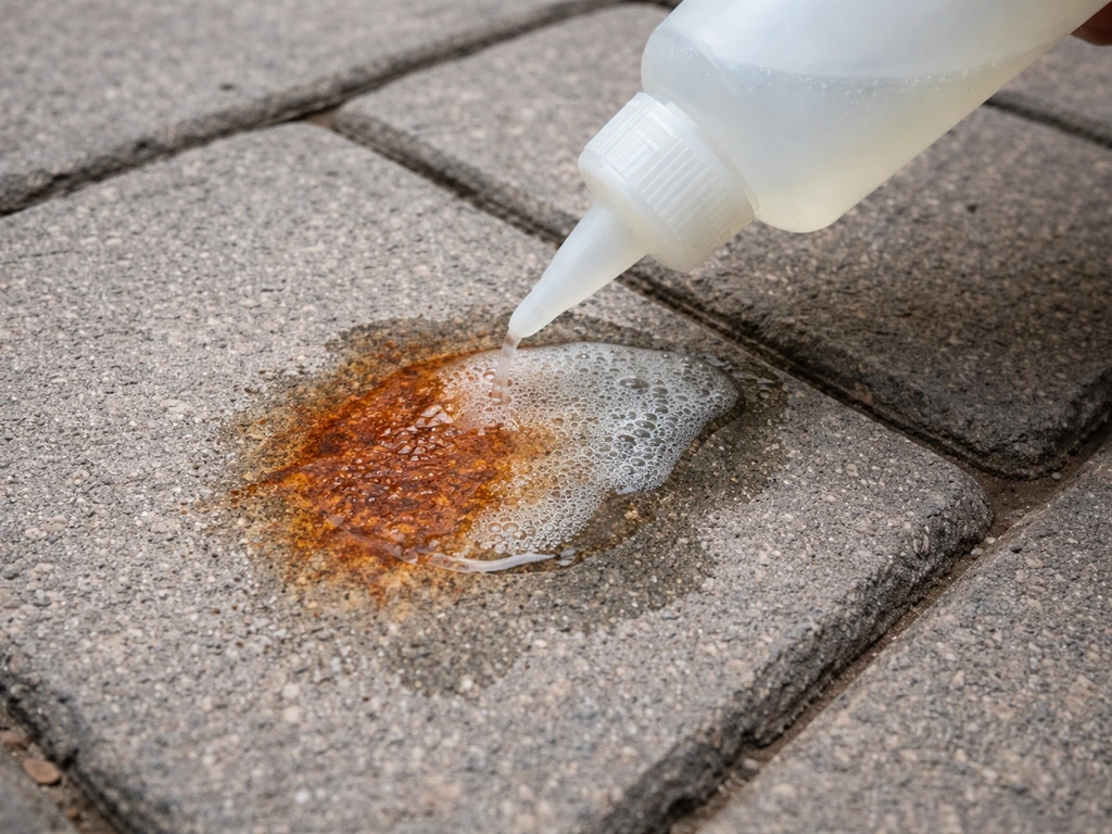 Oxalic-acid rust remover being applied to a rust stain on concrete pavers