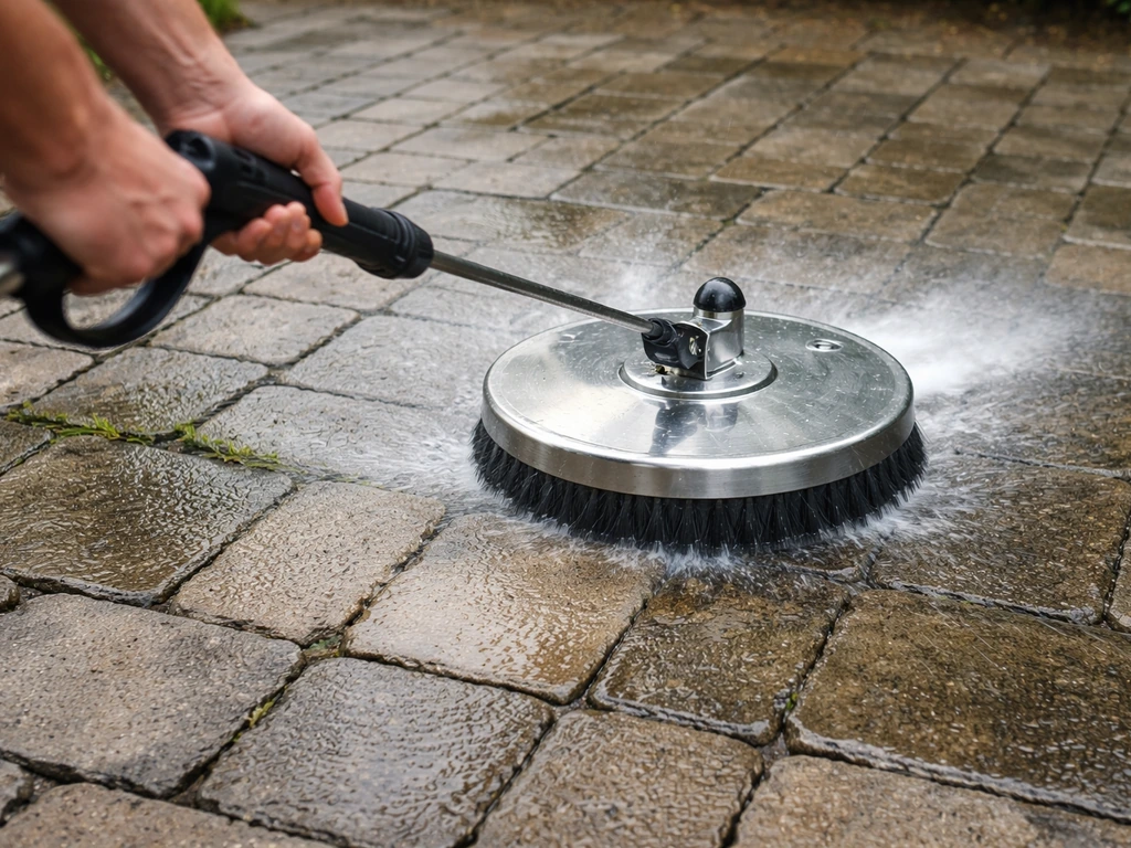 A pressure washer surface cleaner gliding over a patio surface, targeting dirty joints between pavers.