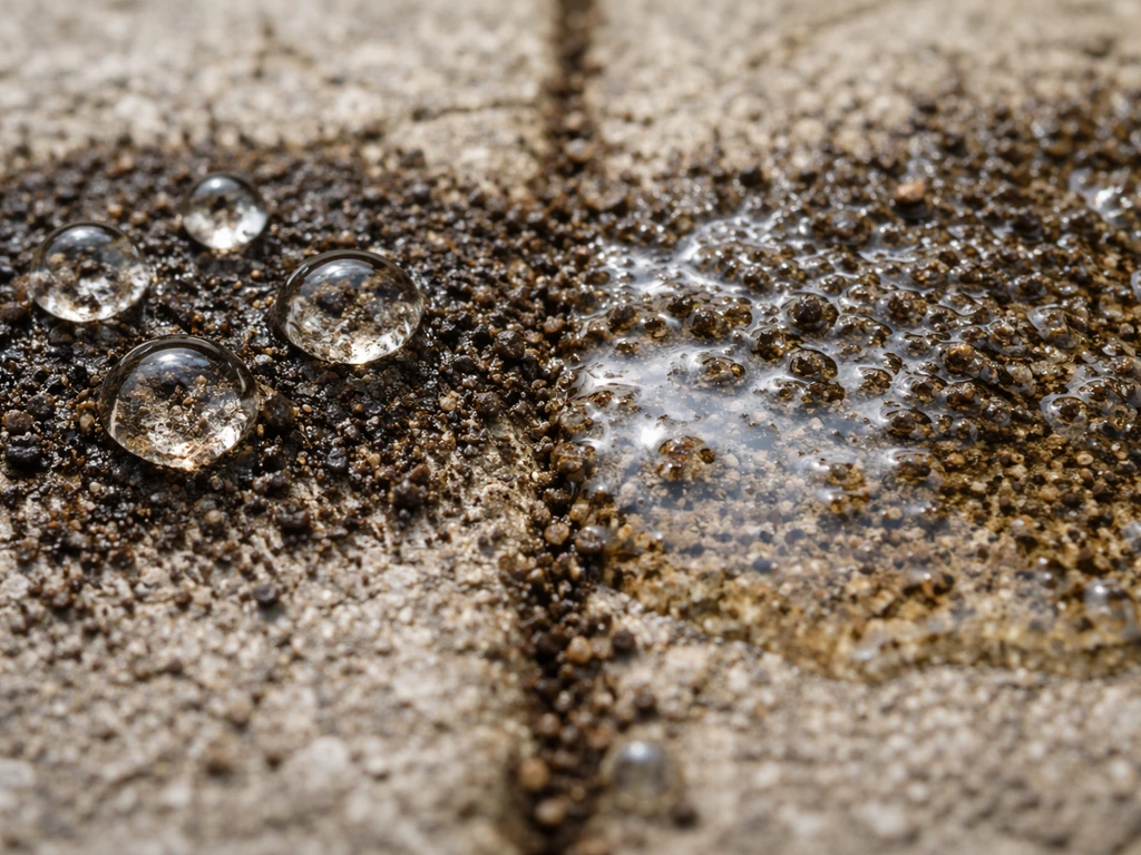 Macro view of patio dirt particles showing water beading versus spreading as surfactant action spreads