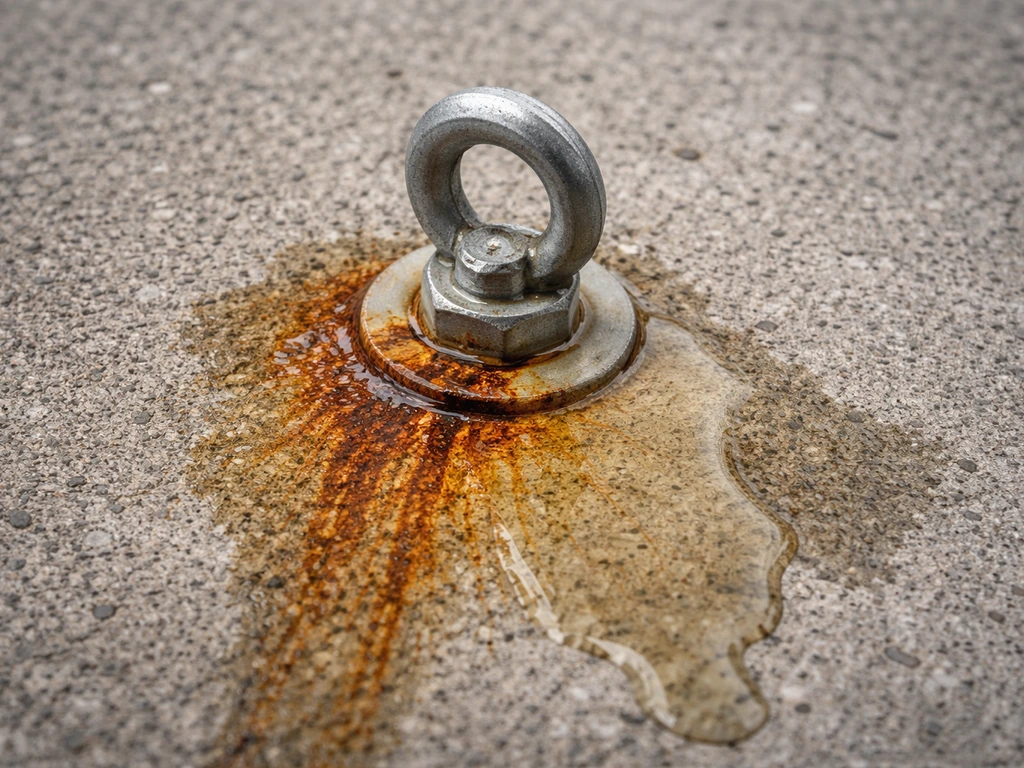 Rust streaks around a metal fitting on concrete with acid/chelating cleaner wet on the stained area.