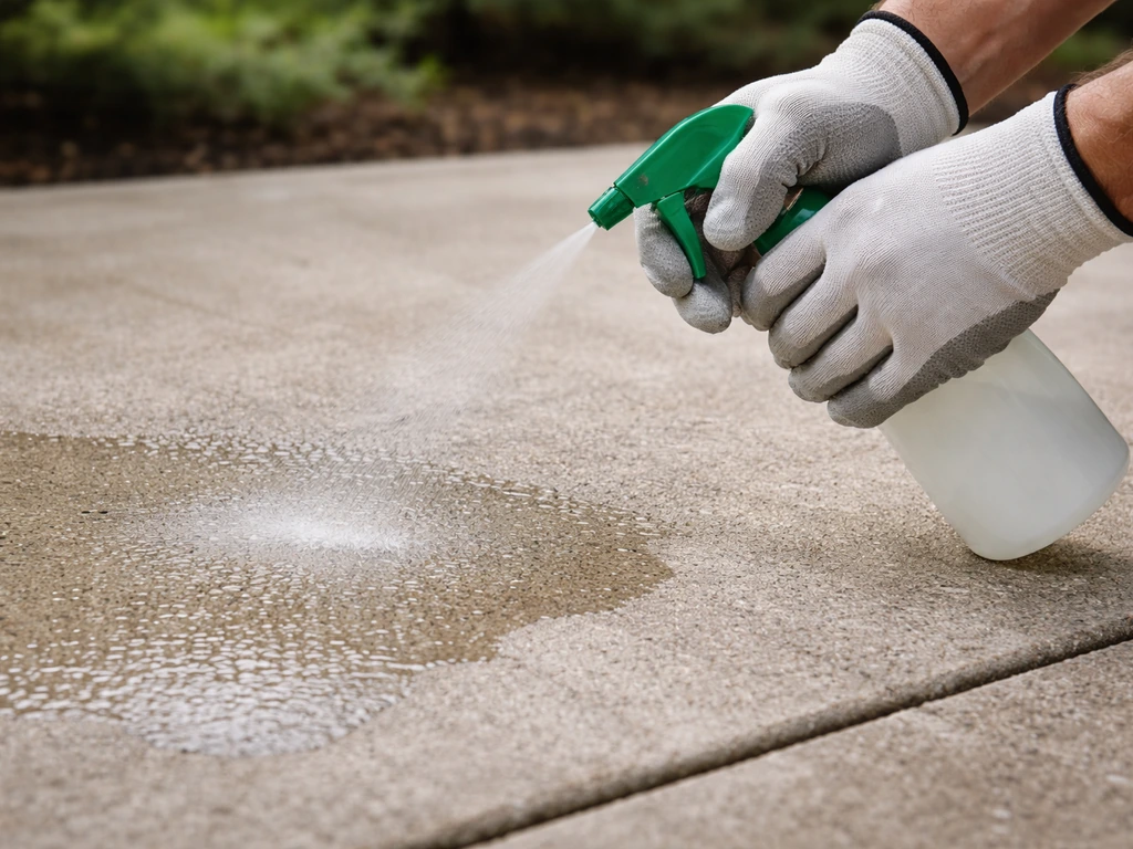 Hand spraying patio cleaner onto a prepared patio surface with a small catch/drip area, furniture moved away.