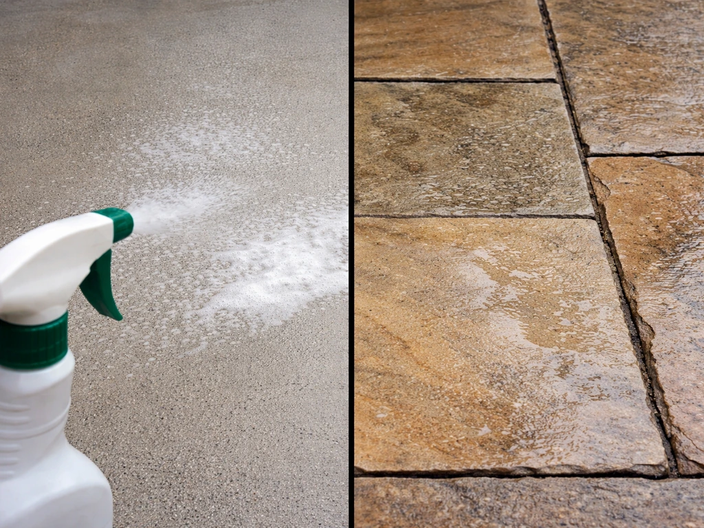 Split view of patio cleaner on concrete versus natural stone, showing safe vs damaged surface.