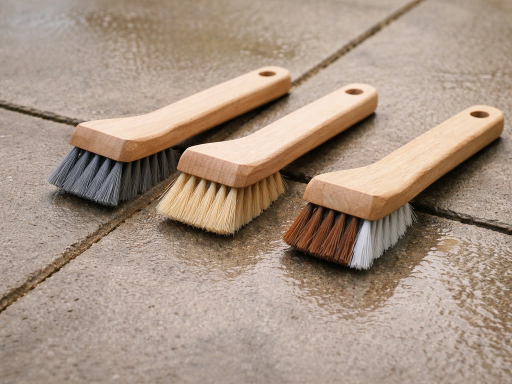Close-up of three patio grout brushes with different bristle types and angled heads beside a grout seam
