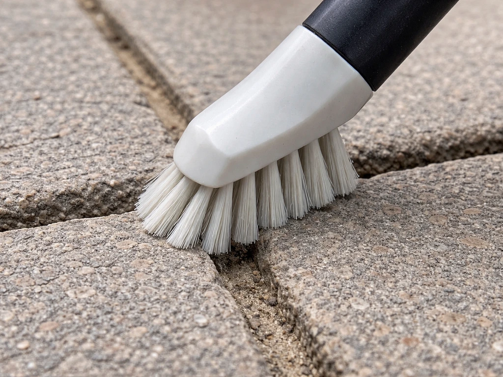 Angled grout brush head pressed into a narrow grout joint between concrete pavers