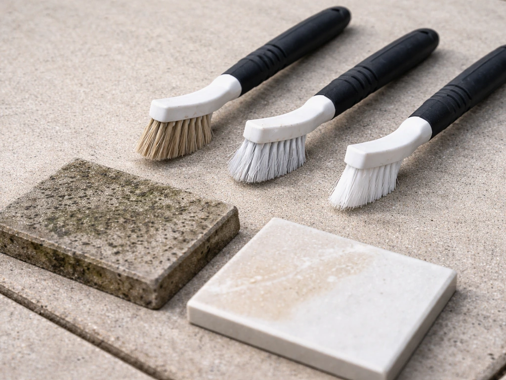 Three angled grout brushes beside concrete and porcelain-like samples with subtle dark residue.