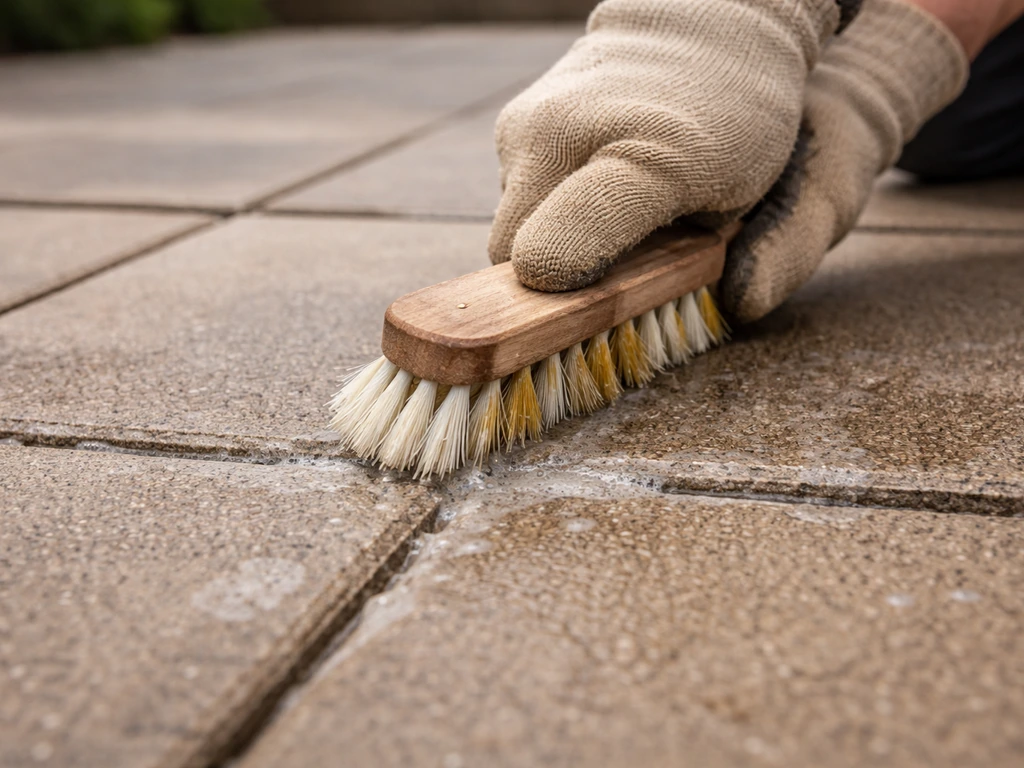 Hand scrubbing patio grout lines with an angled brush in a small section of outdoor paving.