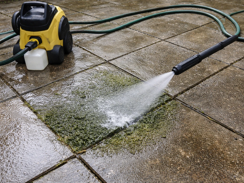 Pressure washer spraying patio biocide onto algae and moss between concrete pavers.