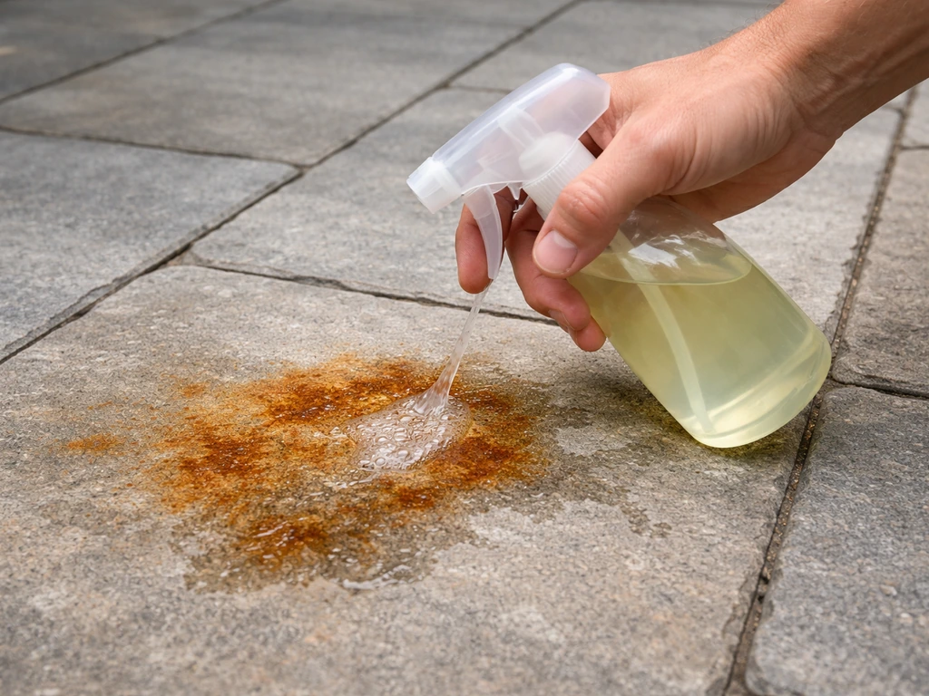 Hand applying oxalic-acid rust remover to stained patio pavers, forming a small wet patch.