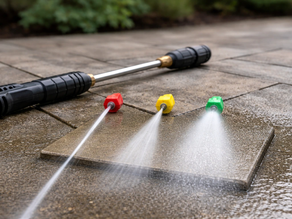 Pressure-washer nozzles laid out, spraying pencil, narrow fan, and rotating patterns onto concrete.