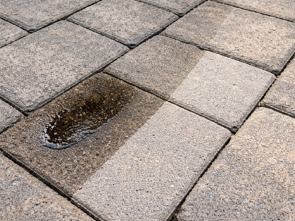 Outdoor patio with a visible oily smear on one paver and a freshly cleaned matte area beside it.