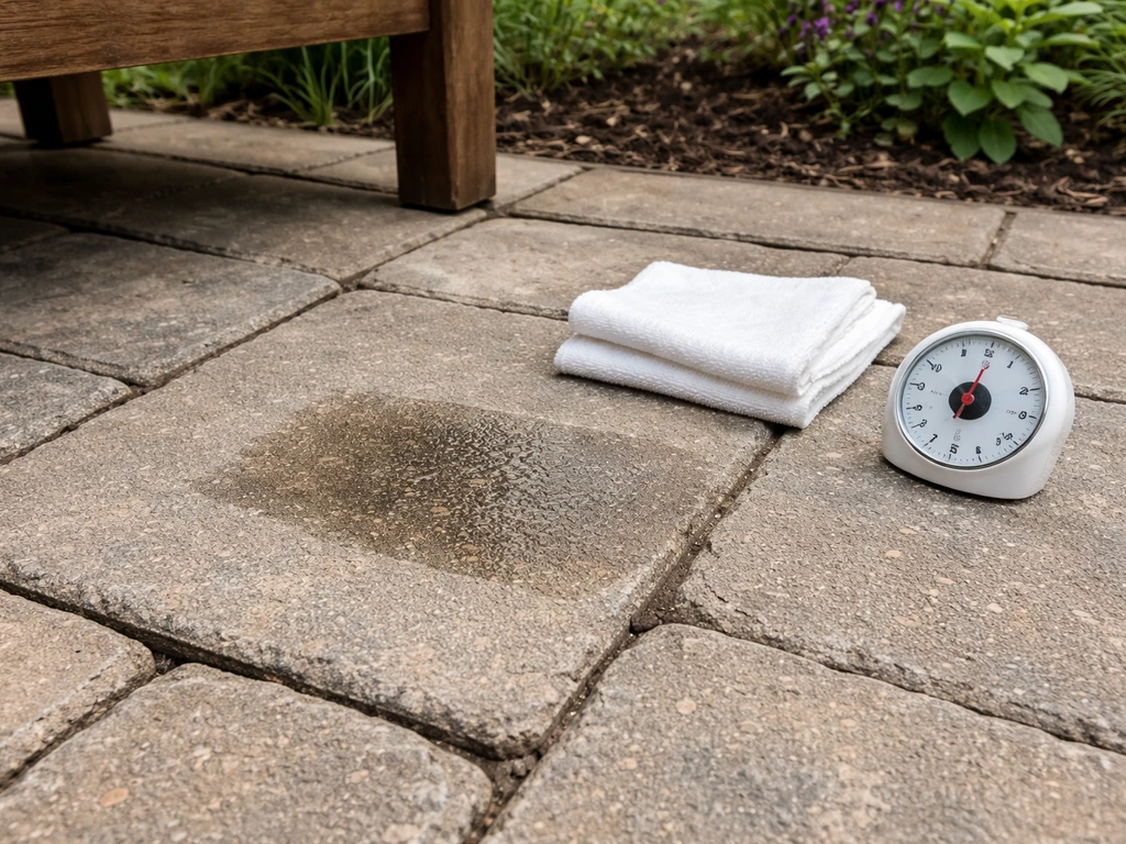 WD-40 spot test on hidden patio pavers with a small cloth and timer nearby