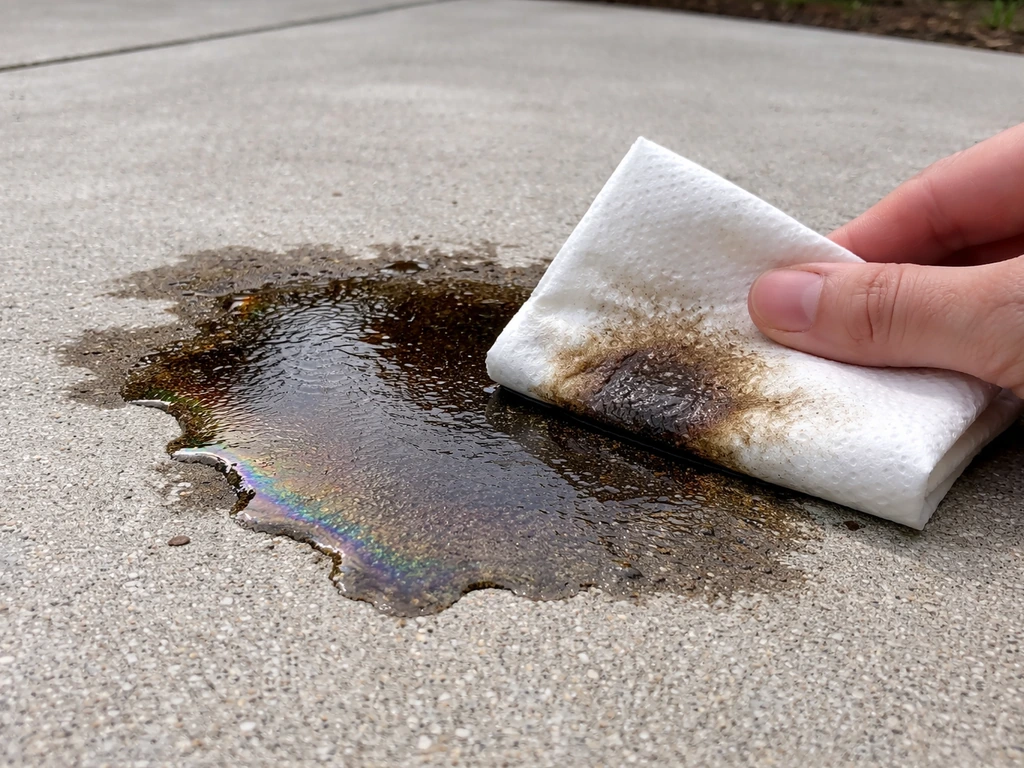 Patio surface with a fresh oil sheen being blotted by an absorbent cloth to avoid spreading.