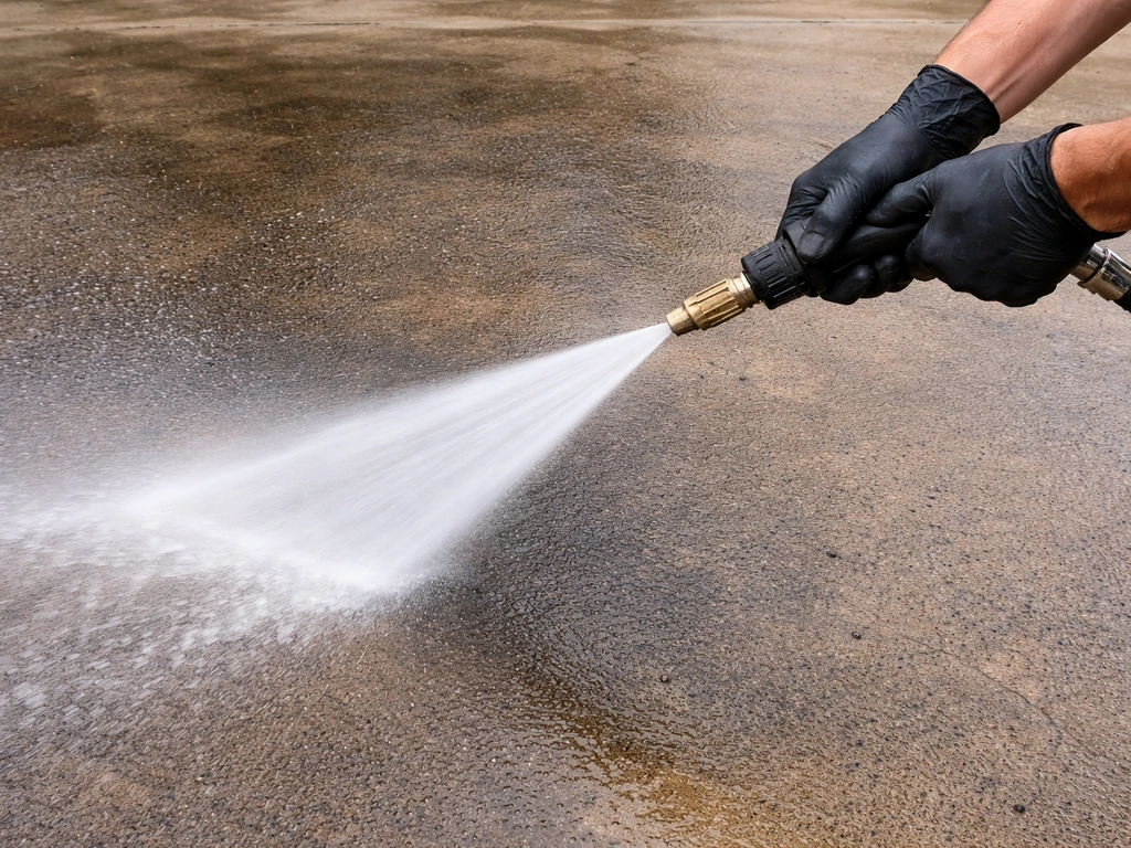 Gloved hands using a handheld pressure washer nozzle to rinse an oil-stained concrete area after degreasing.