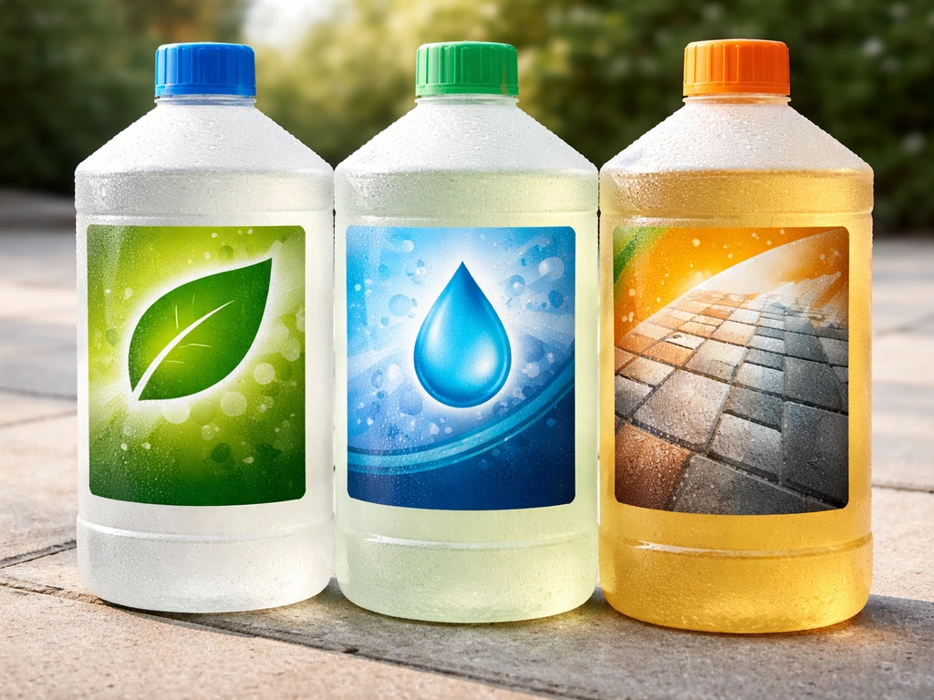 Close-up of different patio cleaner bottles with color-coded caps on a patio cleaning surface