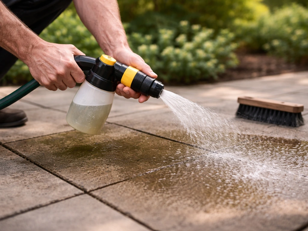 Hand applying patio cleaner with a hose-end sprayer on a small patio, with a scrub brush ready