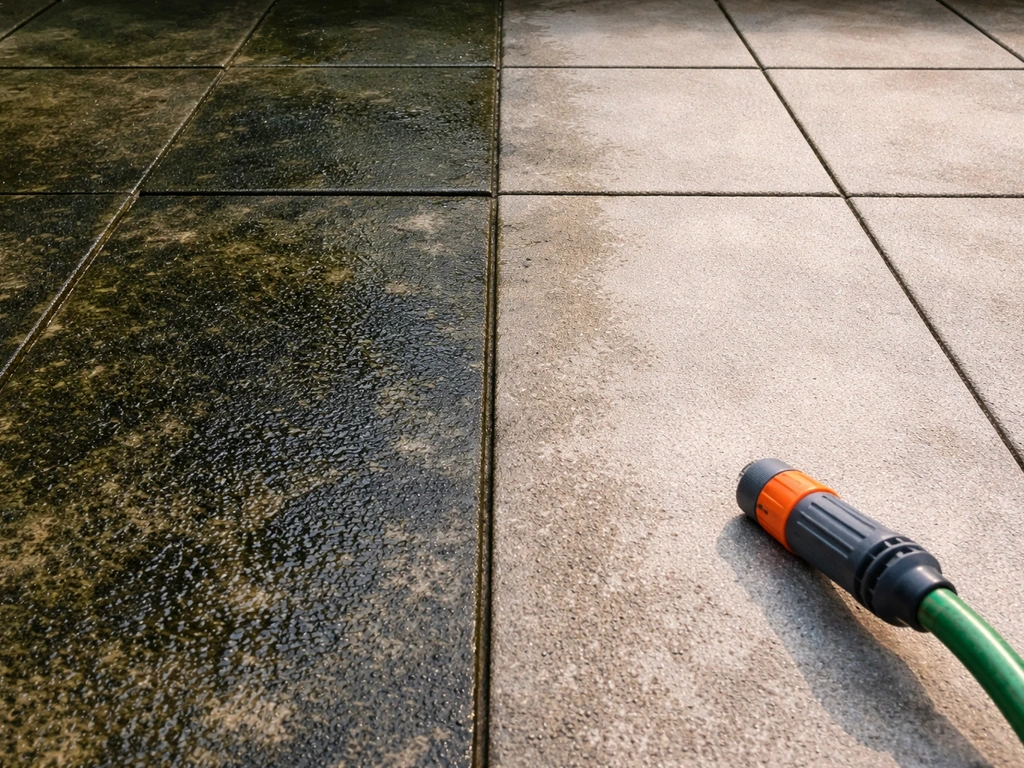 A patio with black/green slippery algae patches being treated, contrasting with a cleaner untreated area.