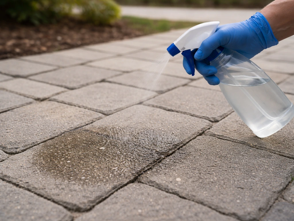 Porous patio surface being treated with a gentle odor-neutralizing cleaning solution using a spray bottle