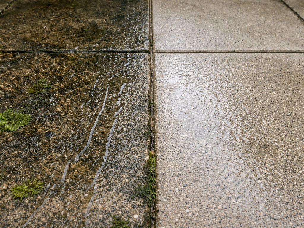 Close-up of patio surface: dark moldy spots after treatment, then lighter clean concrete after rinsing.