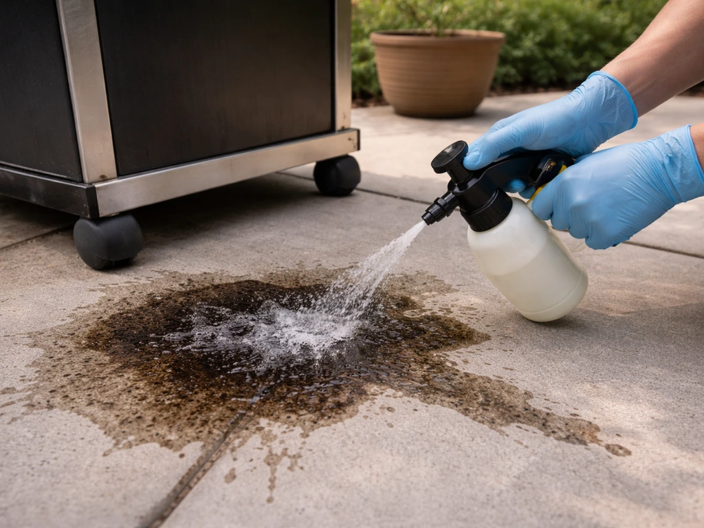 Deweasy degreaser being applied to a greasy barbecue oil spill on a patio, ready for pressure washing