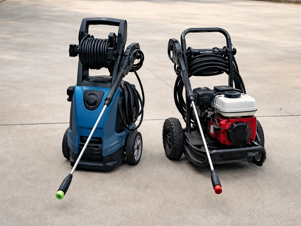 Electric and gas pressure washers side-by-side on a driveway, with different nozzle tips attached.