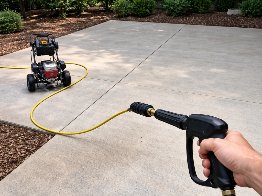 Empty patio cleared and a power washer with hose set up safely, shown from an eye-level perspective.