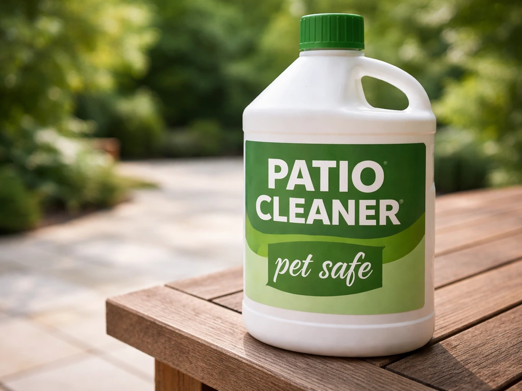 Close-up of a patio cleaner bottle label with vague “pet safe” wording style, outdoors on a patio table