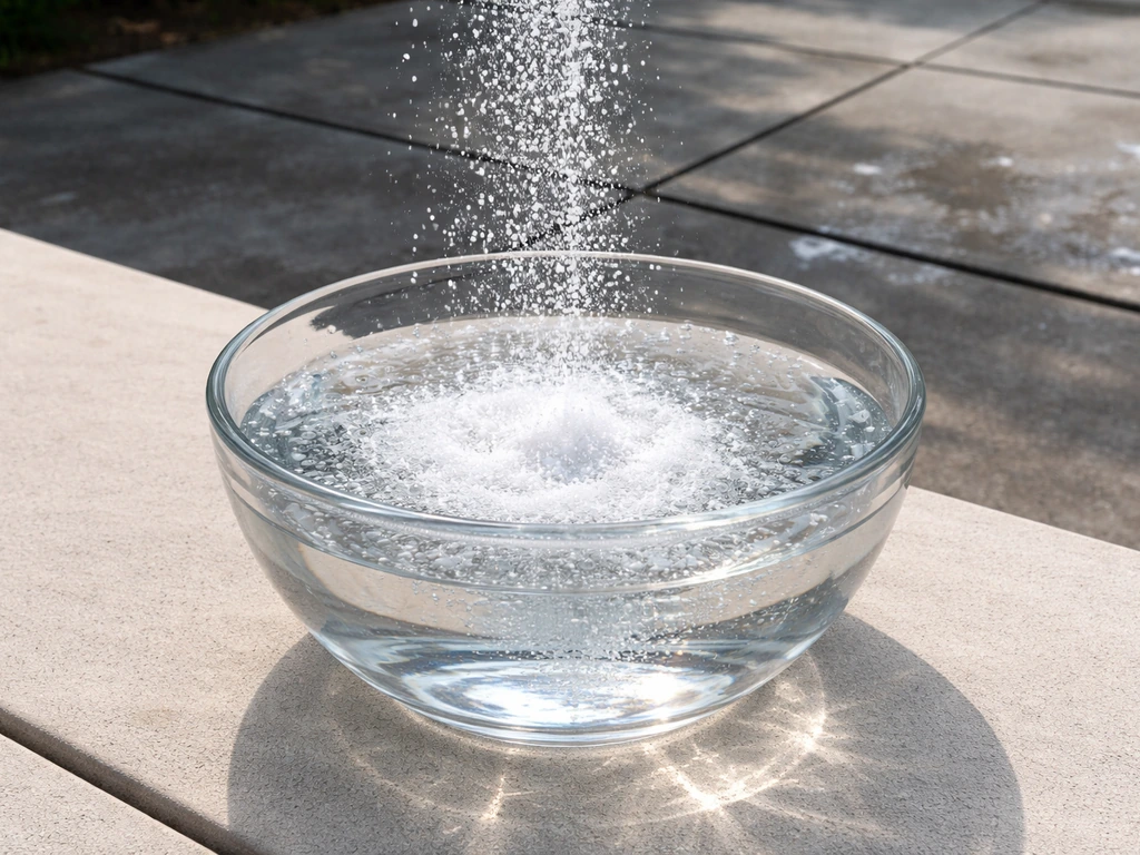 Bowl of clear water with oxygen-bleach cleaner reacting and foaming against dark patio grime backdrop