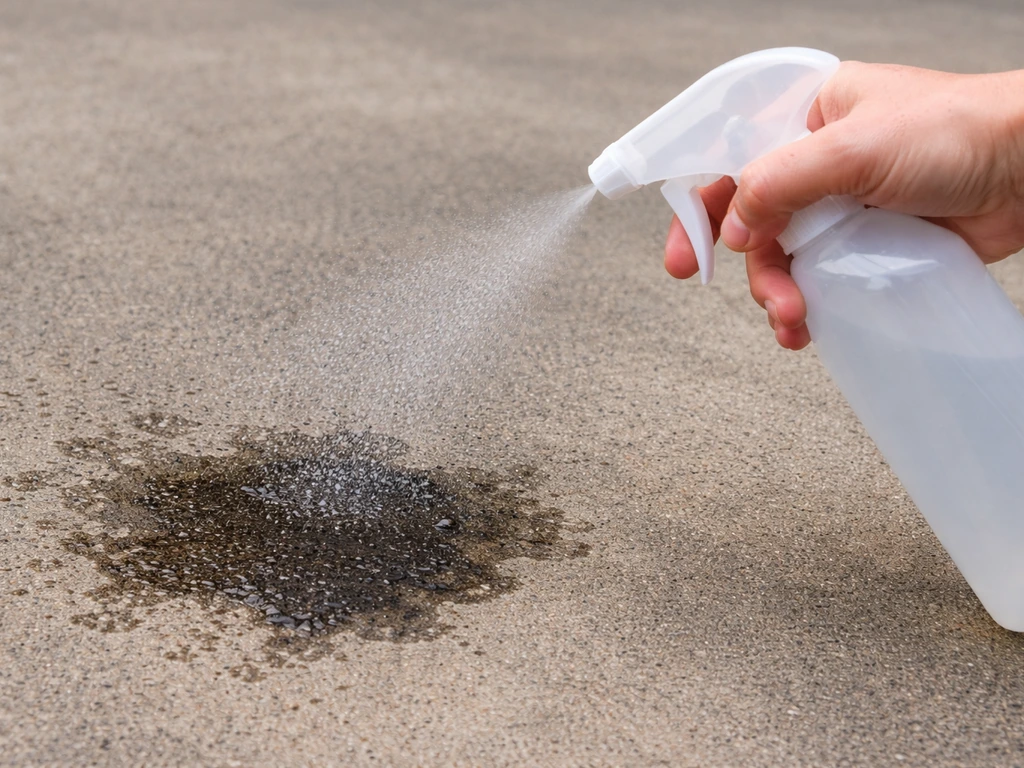 Enzyme cleaner spray applied to a visibly soiled concrete spot, breaking down pet-stain residue.
