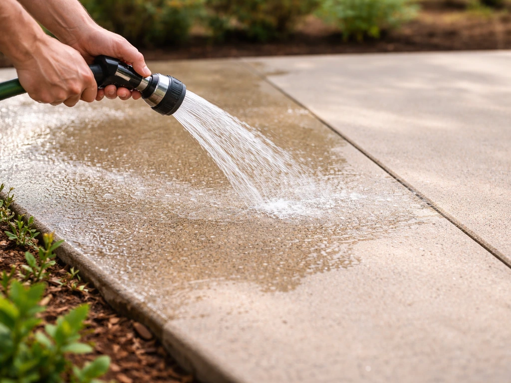 Hose rinsing a clean patio surface, with droplets and a dry, residue-free look ready for pets.