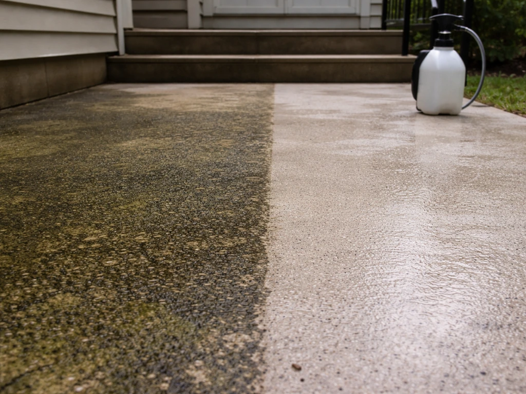 Sunlit patio showing partially cleaned algae stains with a clear before/after contrast on the same surface.
