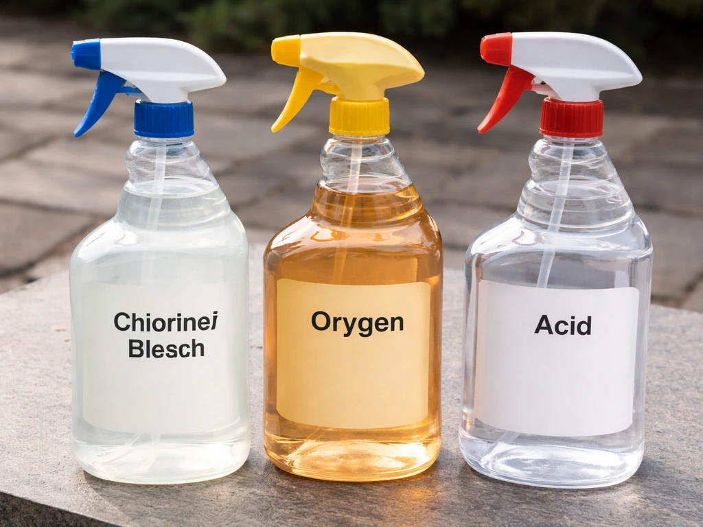 Three unbranded patio cleaner bottles—chlorine/bleach, oxygen, and acid—side-by-side on a patio table.