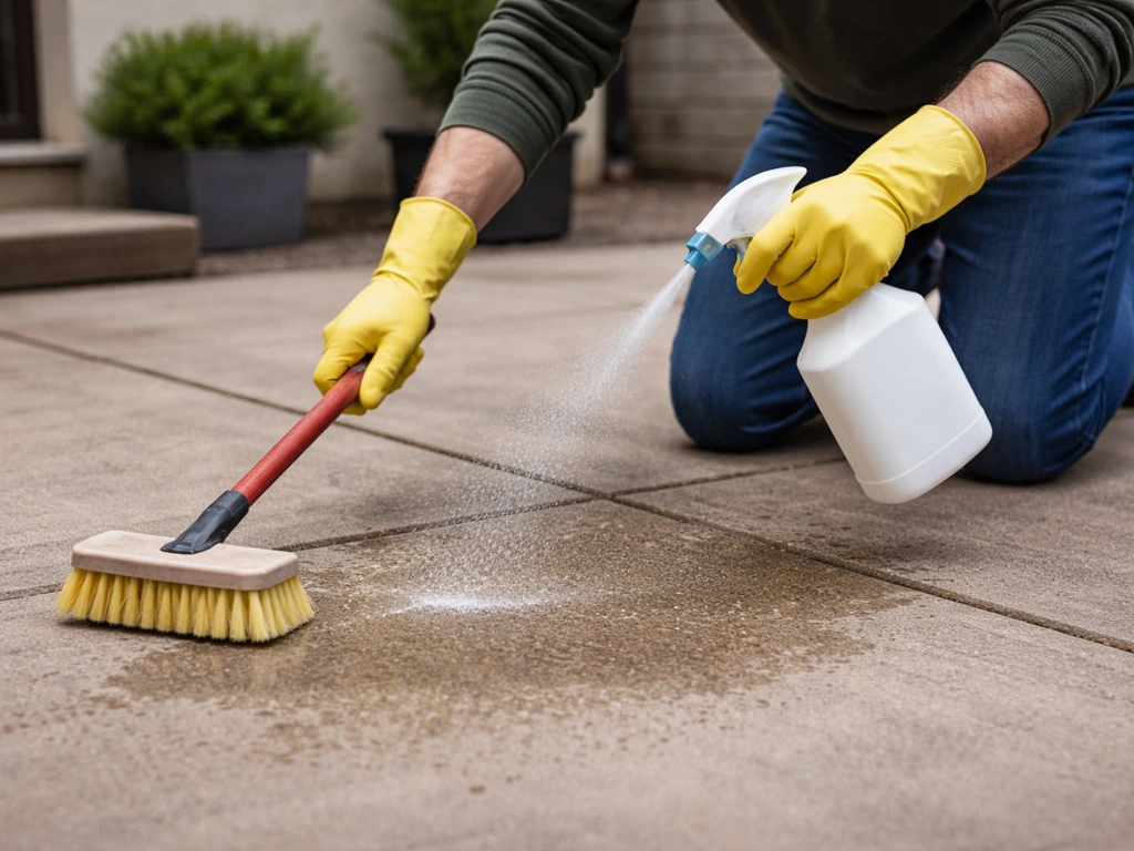 Person in gloves and eye protection applying patio cleaner with a controlled sprayer on a swept patio.