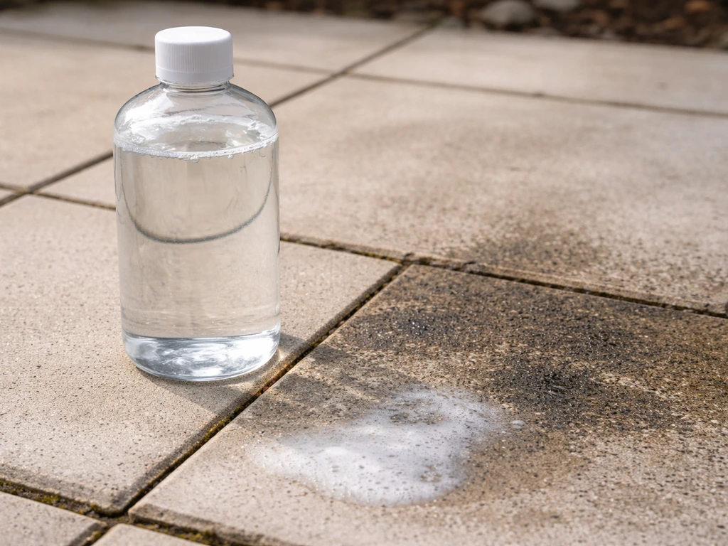 Bottle of patio-tile cleaner beside a stained concrete paving slab with a small wet-cleaning area