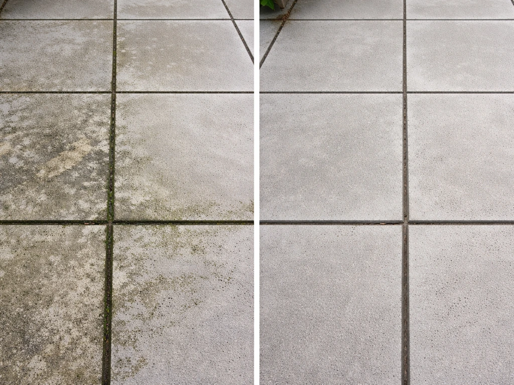 Patio tiles split-screen: left stained with algae/mold, right cleaned brighter after scrubbing.