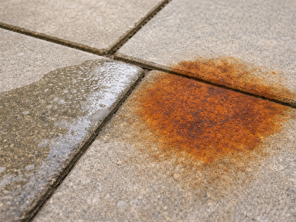 Rusty metal stain on paving with an alkaline cleaner runoff that doesn’t remove the rust