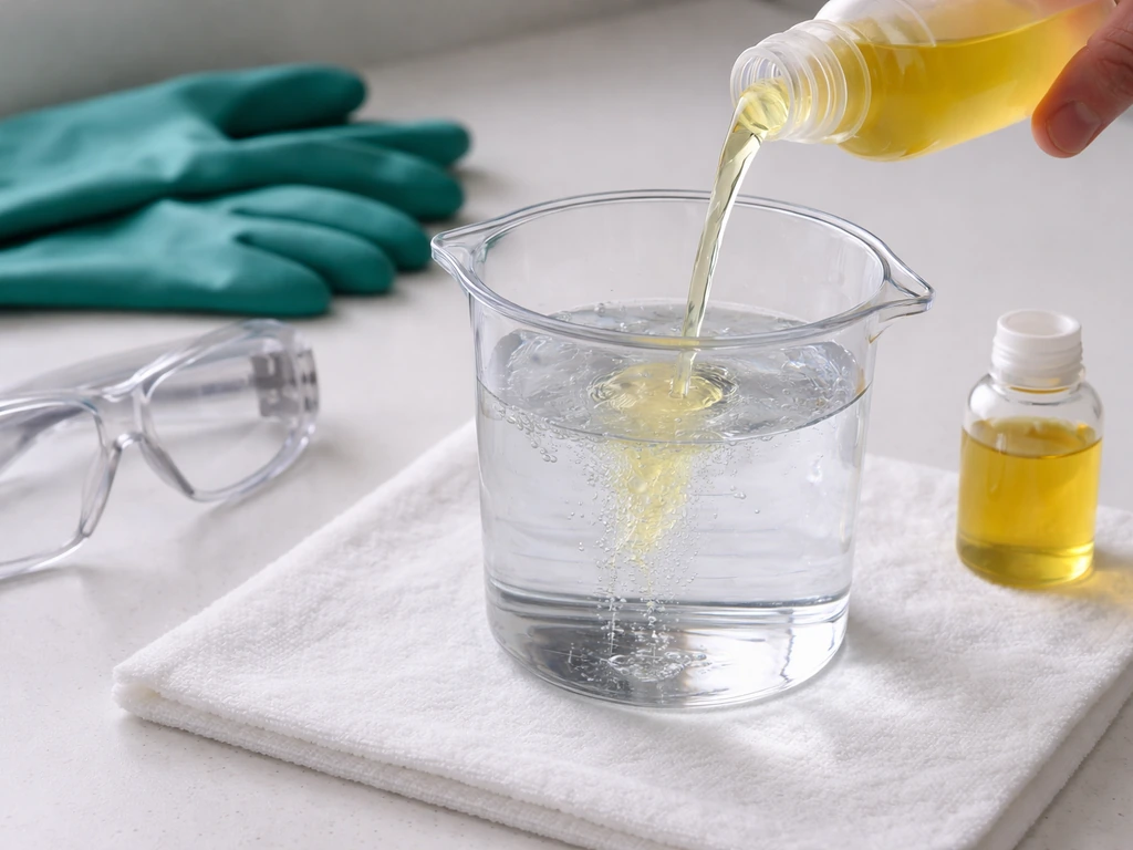 Close-up of dilution mix in a measuring container with PPE (gloves and eye protection) nearby