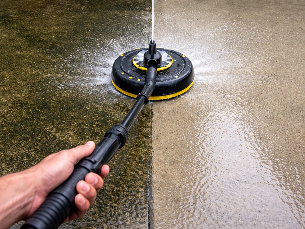 Pressure washer with surface cleaner washing algae off a concrete patio, showing a clean and dirty side.