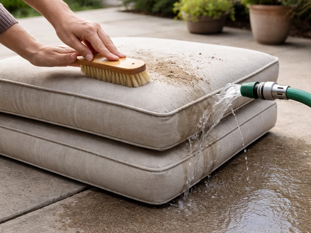 Outdoor patio cushions being gently rinsed with a hose and brushed with a soft brush for safe cleaning.
