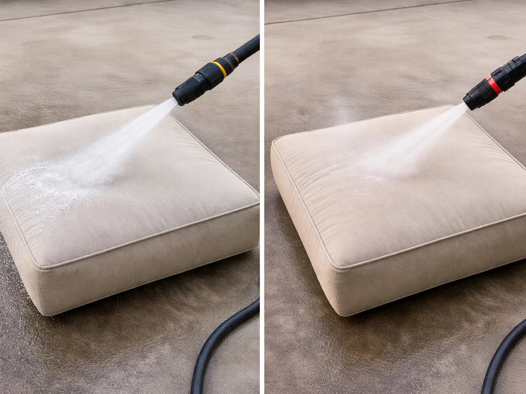 Side-by-side patio cushions rinsed with cold high-pressure spray vs heated water spray, showing fabric risk.