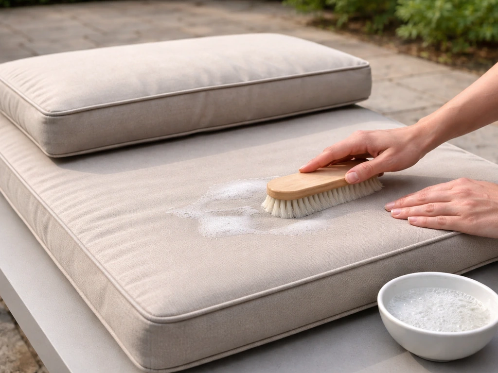 Removable outdoor cushion covers being brushed with mild cleaner on a patio table