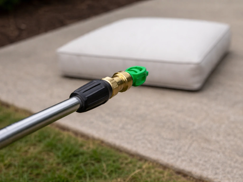 Close-up of a pressure washer wand with a wide fan nozzle angled away from a fabric cushion surface.
