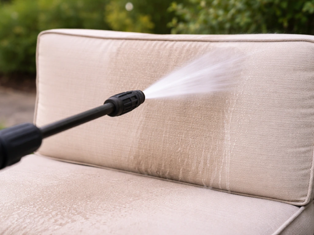 Pressure washer wand held arm’s length from fabric as it’s swept clean