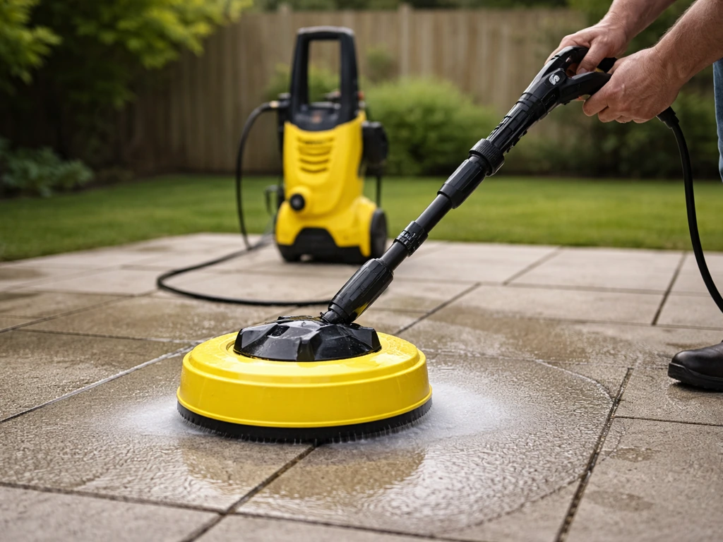 Kärcher K3 with patio cleaner spraying a streak-free circular path on an outdoor concrete patio.
