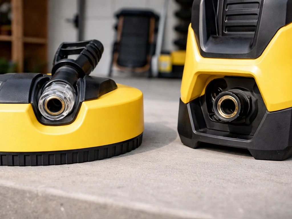 Kärcher patio cleaner attachment with quick-release fitting beside a compact pressure washer, showing compatibility for