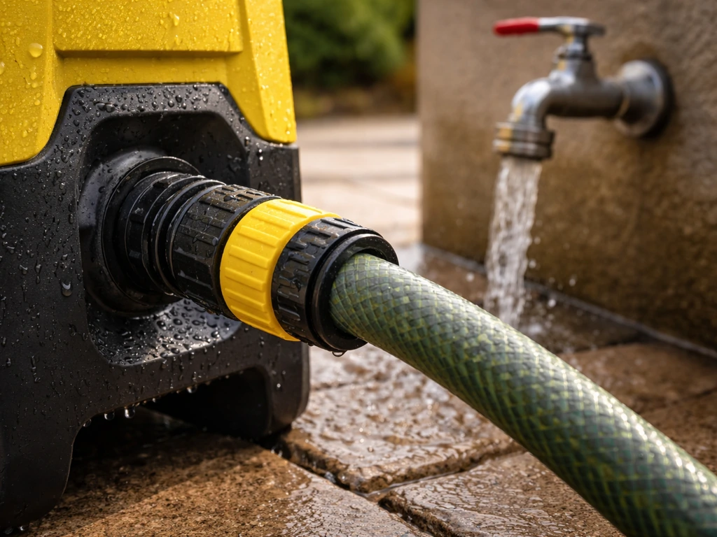 Thick 1/2-inch garden hose connected to a pressure washer inlet, tap fully open with water running.