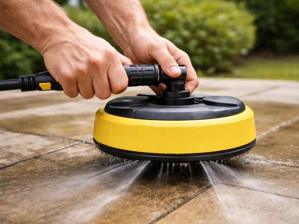 Hands connect a patio T-Racer to a pressure-washer hose; the nozzle hovers and cleans overlapping passes.